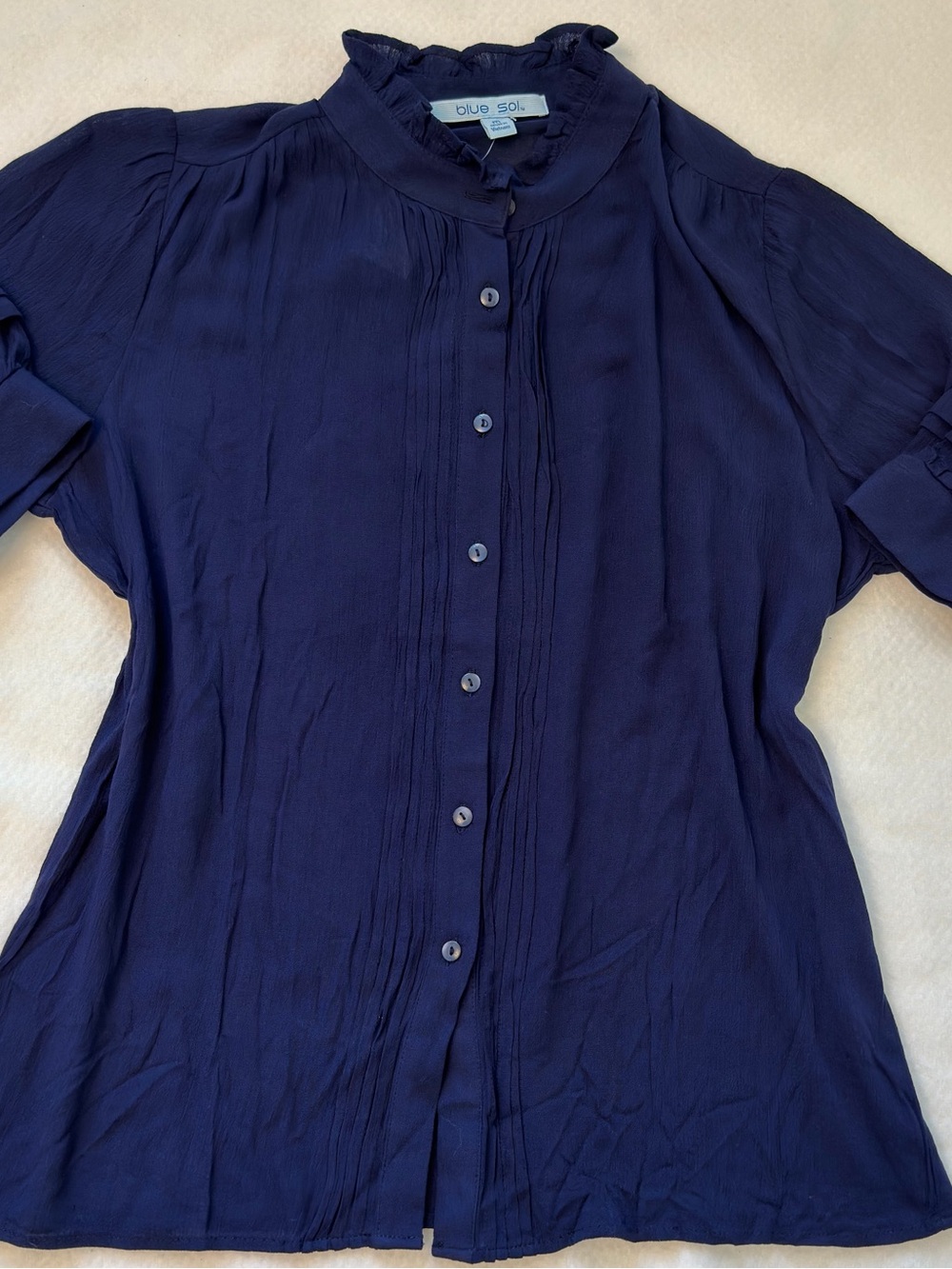 Women's Navy Button-Front Ruffled Collar Blouse